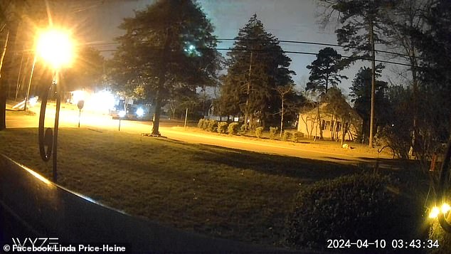 The home security camera footage was uploaded to Facebook by New Jersey resident Linda Price Heines, showing the bright green glow lasting only a few seconds