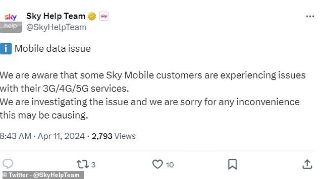 Sky confirmed that some customers are experiencing problems with mobile internet services and said they are investigating the issue