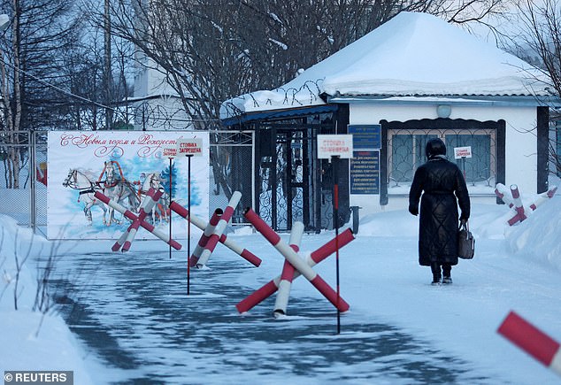 The entrance to the Arctic penal colony IK-3 where Navalny has been held since December 2023