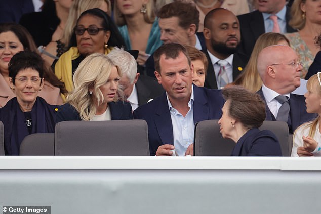 The pair are said to have now gone their separate ways after the relationship 'ran its course', but remain amicable, with no one else involved.  Pictured: Peter and Lindsay chatting with Princess Anne at the Platinum Party at the Palace in front of Buckingham Palace