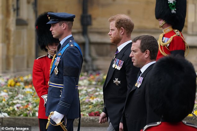 Pictured: Prince William, Prince Harry and Peter Phillips arriving for Committal Service at St George's Chapel in 2022, after the Queen's death