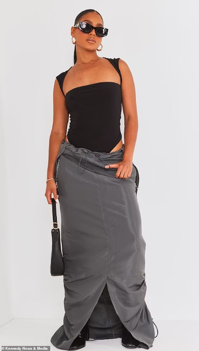 Pictured: The Charcoal Maxi Cargo Skirt with Ruffle Hem, as seen on the fast fashion brand's website, where it is still on sale for £4