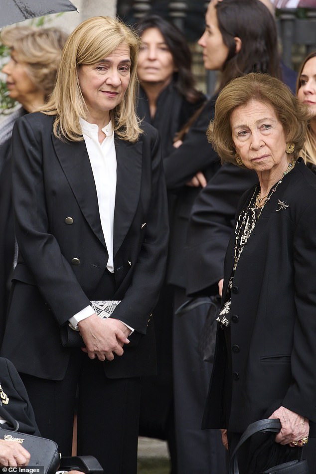 Princess Cristina of Spain and Queen Sofia are pictured during the tribute service on Monday