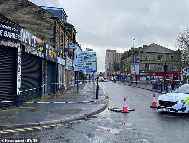 The scene in Westgate, Bradford, on Saturday after Mrs Akter was brutally stabbed to death in broad daylight while pushing her son in a pram