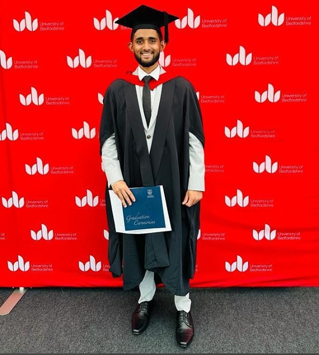 Masum, from the town of Sylhet in eastern Bangladesh, studied for a masters in digital marketing at the University of Bedfordshire, and videos show him celebrating his graduation