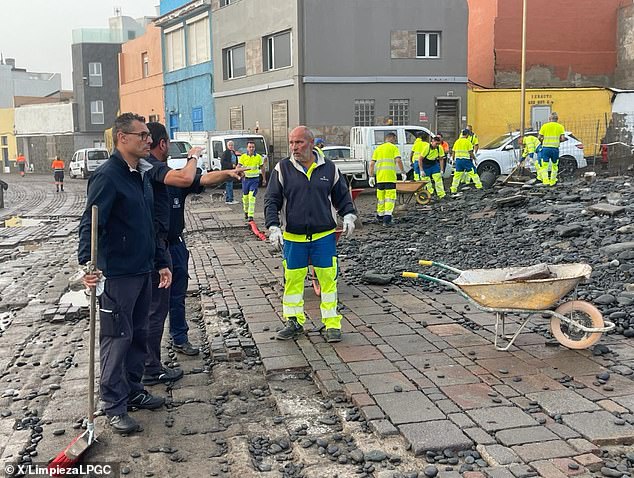 Workers assess damage to a coastal area in Tenerife