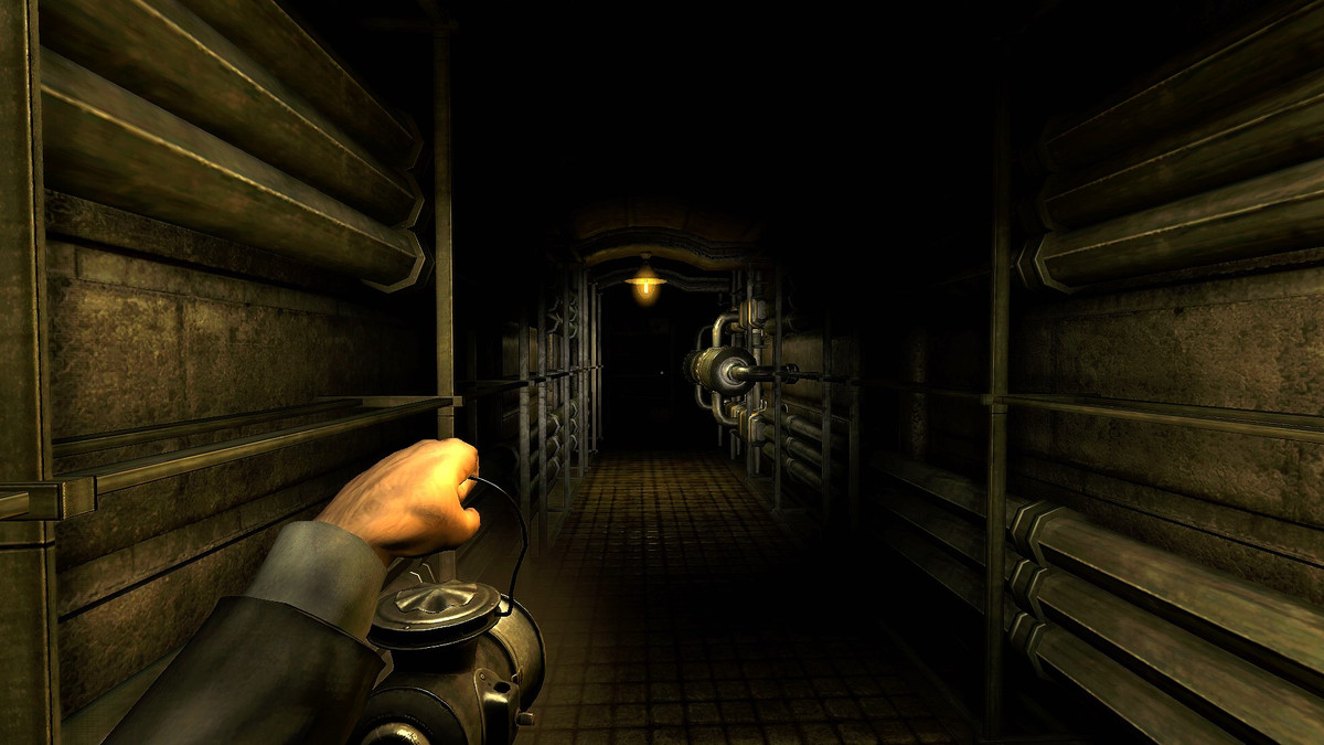 A character holding a lantern in the first person.  It illuminates a hallway with pipes on the walls.