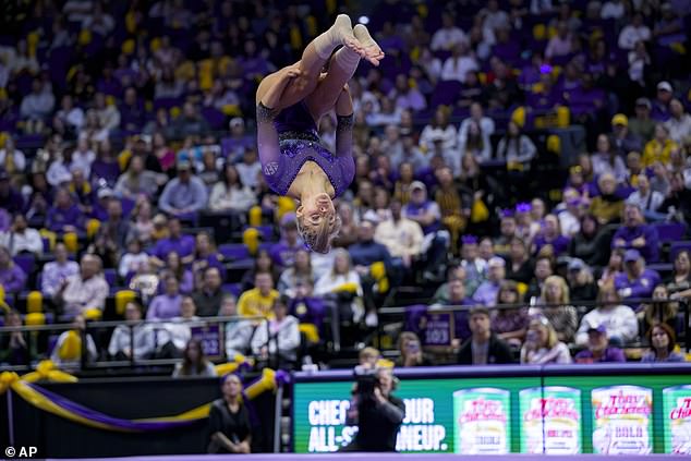 Dunne performs a floor routine during an NCAA gymnastics meet against Ohio State in January.