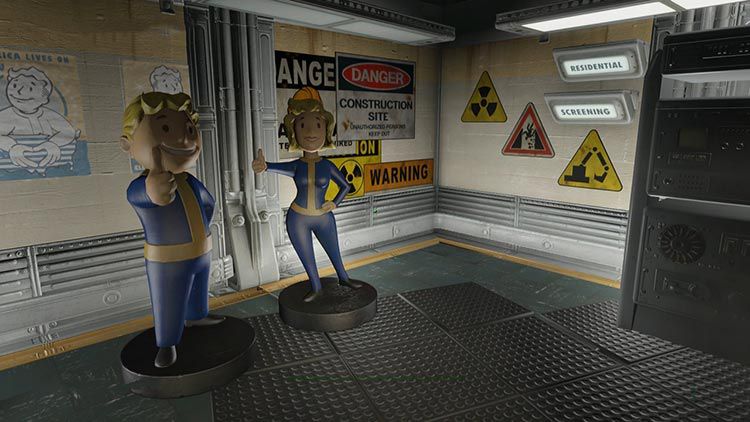 A still from Fallout 4's Vault-Tec Workshop of two Vault-Tec mascots giving a thumbs up to some 'caution' signs on the wall