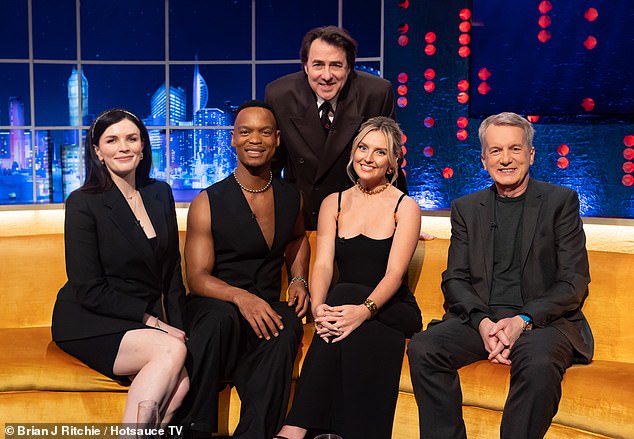 The blonde beauty was joined on the show by (L-R) Aisling Bea, Johannes Radebe and Frank Skinner and admitted performing on the show without her bandmates felt 'bizarre'.