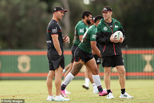 In dramatic scenes at the club's training base in Maroubra, Demetriou answered just four questions before storming out (pictured, with assistant coach Ben Hornby)