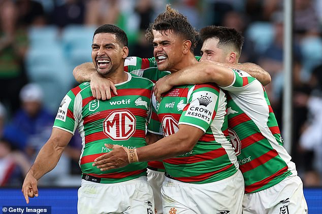 Demetriou's case is not helped by a recent three-match ban for star fullback Latrell Mitchell (pictured centre), who has had a controversial start to the season