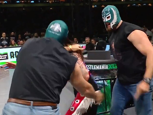 Kelce and Johnson showed up in luchador masks and threw Dominik Mysterio into the ring