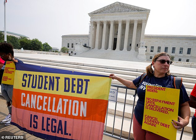 Supporters of Biden's efforts to cancel student loan debt leave the Supreme Court after the president's original plan was blocked in June 2023