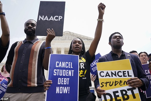 Students demonstrate over student loan debt outside the Supreme Court, June 30, 2023, in Washington.