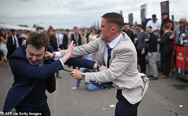 A second image shows the moment another grinning thug made contact with a rival's left ear