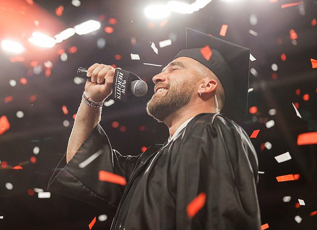 The Chiefs hero celebrated in typically flamboyant style as he downed a beer, smashed the empty can on the ground and shouted into a microphone at the end of his speech: 