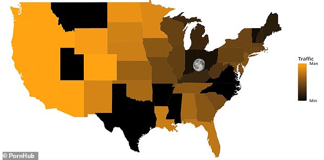 Pornhub viewership dropped as the moon reached totality in each state (pictured)