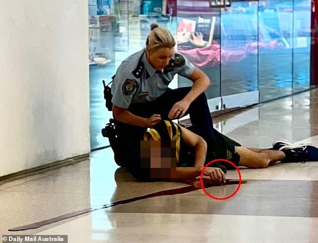 The ordeal finally came to an end when a heroic female officer sprang into action and shot the knifeman dead (scene pictured)