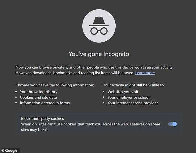 'Incognito mode' in Google Chrome browser allows users to prevent websites from using cookies to track them