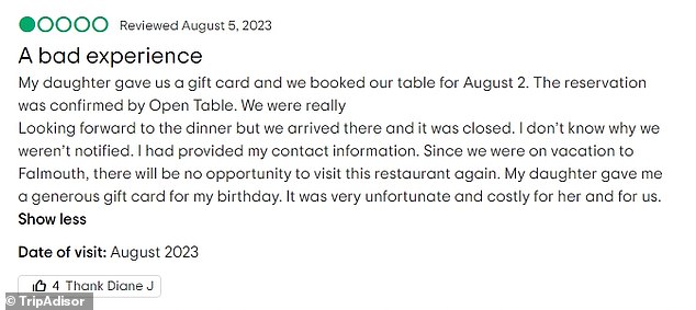 A reviewer called Diane wrote: 'My daughter gave us a gift voucher and we booked our table for August 2nd.  The reservation was confirmed by Open Table'