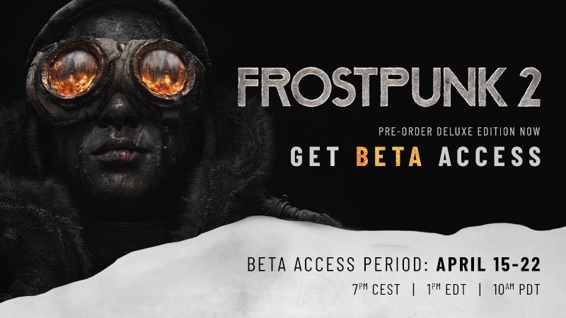 A survivor in a googly eye mask stares into the distance alongside details about the Frostpunk 2 beta access period, release date, start time and more information.