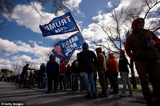 The line of supporters waited outside Trump's rally in Schnecksville on April 13.  Hundreds of supporters waited in line for hours for the ex-president's remarks at the Schnecksville Fire Hall