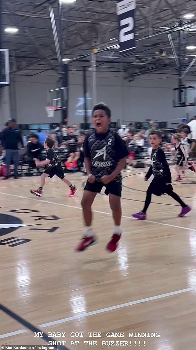 The clips showed the 43-year-old reality TV personality's eldest son, eight, taking part in a basketball game and setting off a buzzer-beater
