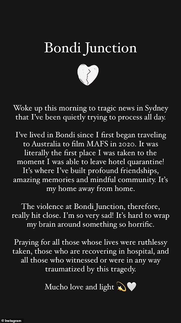 'I'm so sad!  It's hard to wrap my brain around something so horrific,” she began.  With Bondi holding a special place in her heart, the very first place she visited after her hotel quarantine, news of the violence hit particularly close to home.