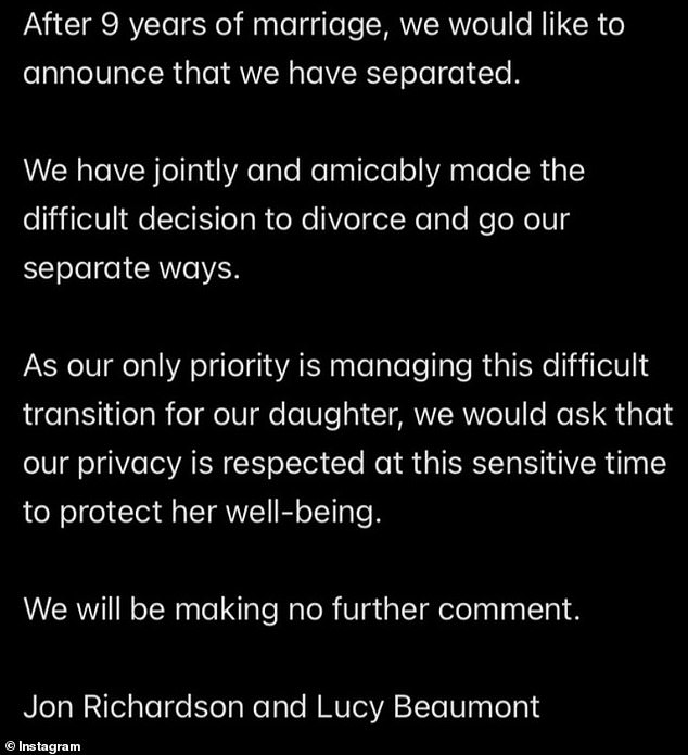 A statement to the PA news agency said: 'After nine years of marriage we would like to announce that we have separated.  We have made the difficult decision jointly and amicably.”