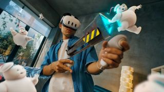 A Meta Quest 3 player imbibing Stay Puft Marshmallow Men from Ghostbusters in mixed reality using virtual technology extending from their controllers