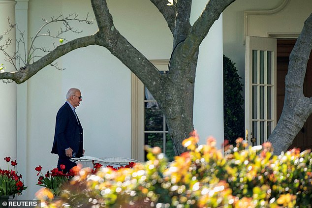 Turner warned President Joe Biden that “if this administration fails to act and understand that we have an escalating conflict… we will find ourselves in a broader conflict and we will have fewer options.”  Pictured: Biden returns to the White House on Saturday afternoon amid an escalating conflict in the Middle East