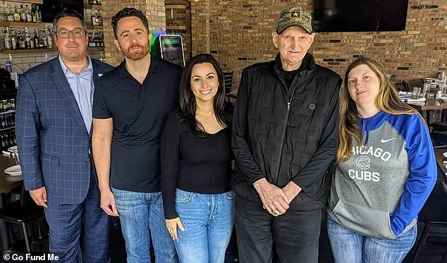 Aimone, a loyal employee of Joe's Pizza for 40 years, plans to return to work as soon as he gets another car.  GoFundMe helped pay for his new car.  He is pictured next to Dan Ciolino with the Gladstone Park Chamber of Commerce, far left, Frank and Gina Demonte of the restaurant, and Aimone's daughter, Robyn.