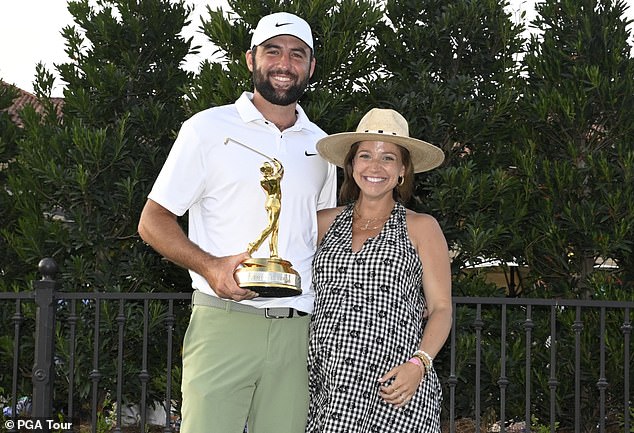 Scheffler was willing to leave the tournament - even if he was in the lead - if his wife Meredith (seen here just a few weeks ago at The Players Championship) gave birth