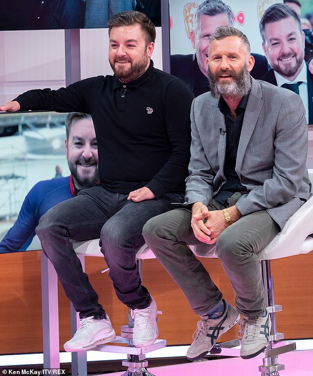 Despite impressing with the dessert's decoration, the judges struggled to cut it, declaring the comedian had both over-mixed and over-baked his offering (Adam, R, pictured with Alex, L)