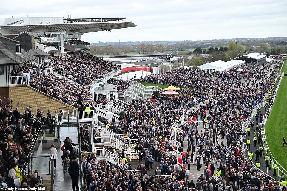 Aintree has a capacity of 75,000 fans, with hundreds of punters lining the gantries, walkways and stands around the track