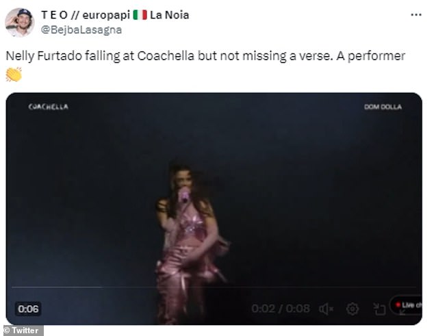 Nelly was praised on social media for her poise, with one viewer sharing a video of the spill and praising her for her response.  The Twitter user wrote, “Nelly Furtado falls at Coachella but doesn't miss a verse.  An artist'