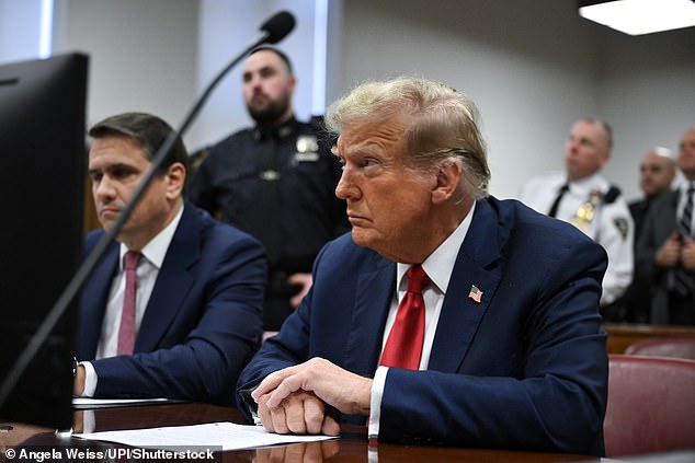 The presumptive Republican nominee for president sat at the defense table next to his attorney Todd Blanche with his hands clasped