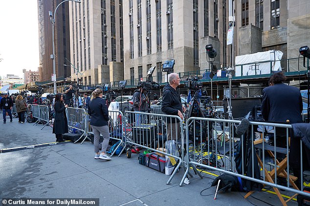 Camera crews and media set up outside the courthouse on day one of the hush money trial of Stormy Daniels