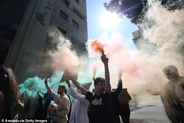 Demonstrators gather to protest the reintroduction of the 'Foreign Agent Bill' at the First Republic Square (Rose Revolution Square) in Tbilisi, Georgia on April 15