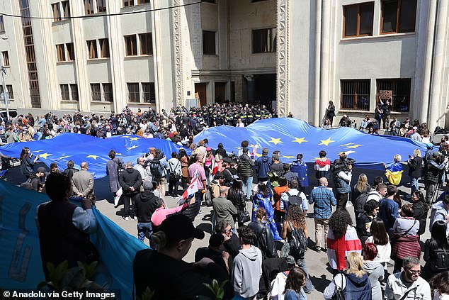 Demonstrators gather to protest the reintroduction of the 'Foreign Agent Bill' at the First Republic Square (Rose Revolution Square) in Tbilisi, Georgia on April 15, 2024