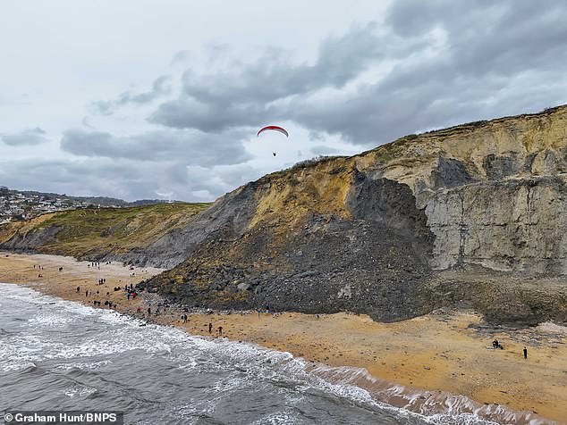 Yesterday a paraglider flew over the top of the landslide near Charmouth Beach in Dorset