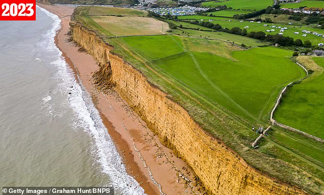 Pictured in 2023: Recent extreme weather has caused thousands of tonnes of rock to fall from the Burton Bradstock area