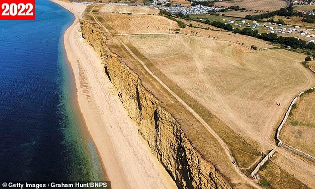 Pictured in 2022: The cliffs are made up of sandstone rock which is porous and acts like a sponge with rainwater seeping through and weakening it over time