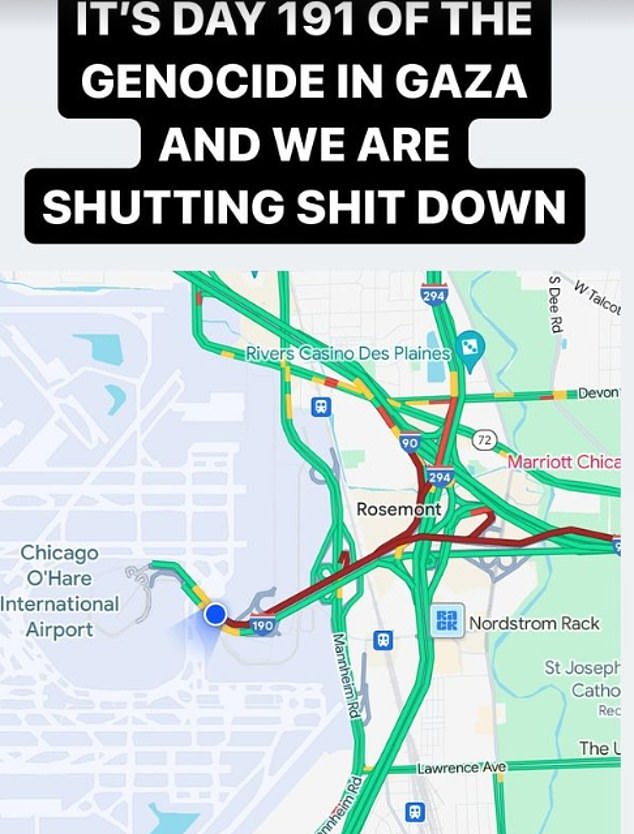 Chicago Dissenters posted a photo of a map showing the traffic congestion on the road as they blocked traffic outside the airport Monday morning