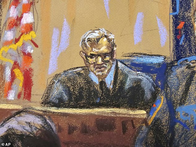 In this courtroom sketch, Judge Juan M. Merchan presides over the trial of former US President Donald Trump in a criminal court in Manhattan in New York, Monday, April 15, 2024