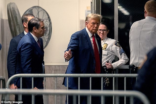 Former US President Donald Trump returns from a hiatus as jury selection begins in his trial at Manhattan Criminal Court on April 15, 2024 in New York City