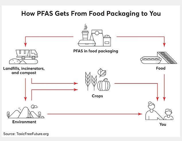 The above graph from Toxic Free Future shows how toxic PFAS chemicals end up in food products