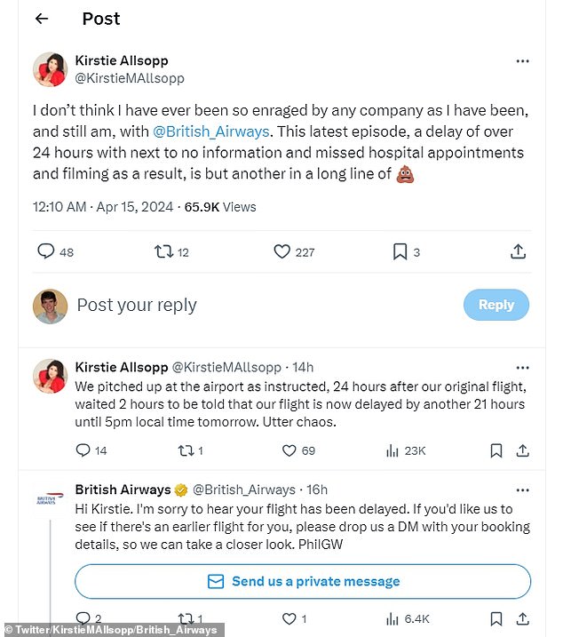 Kirstie's post has been viewed by over 65,000 people and received a swift response from the airline's official X account, inviting the presenter to contact them so they could 'take a closer look' to see if they could could arrange an earlier flight.