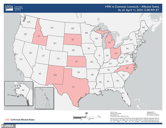 The map above shows states with herds of livestock diagnosed with bird flu